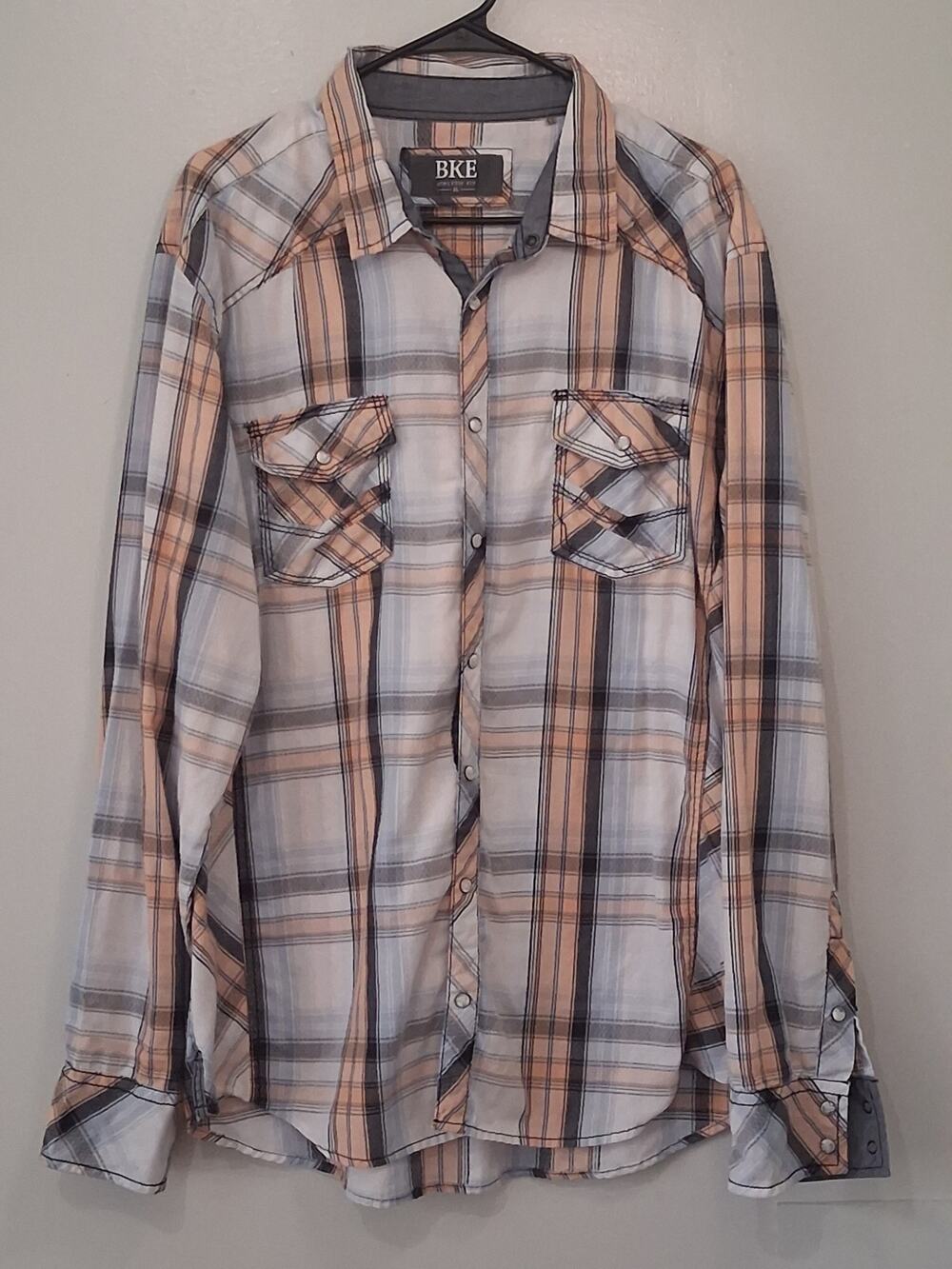 BKE Plaid Pearl Snap Western Shirt 🟠⚪️🪨